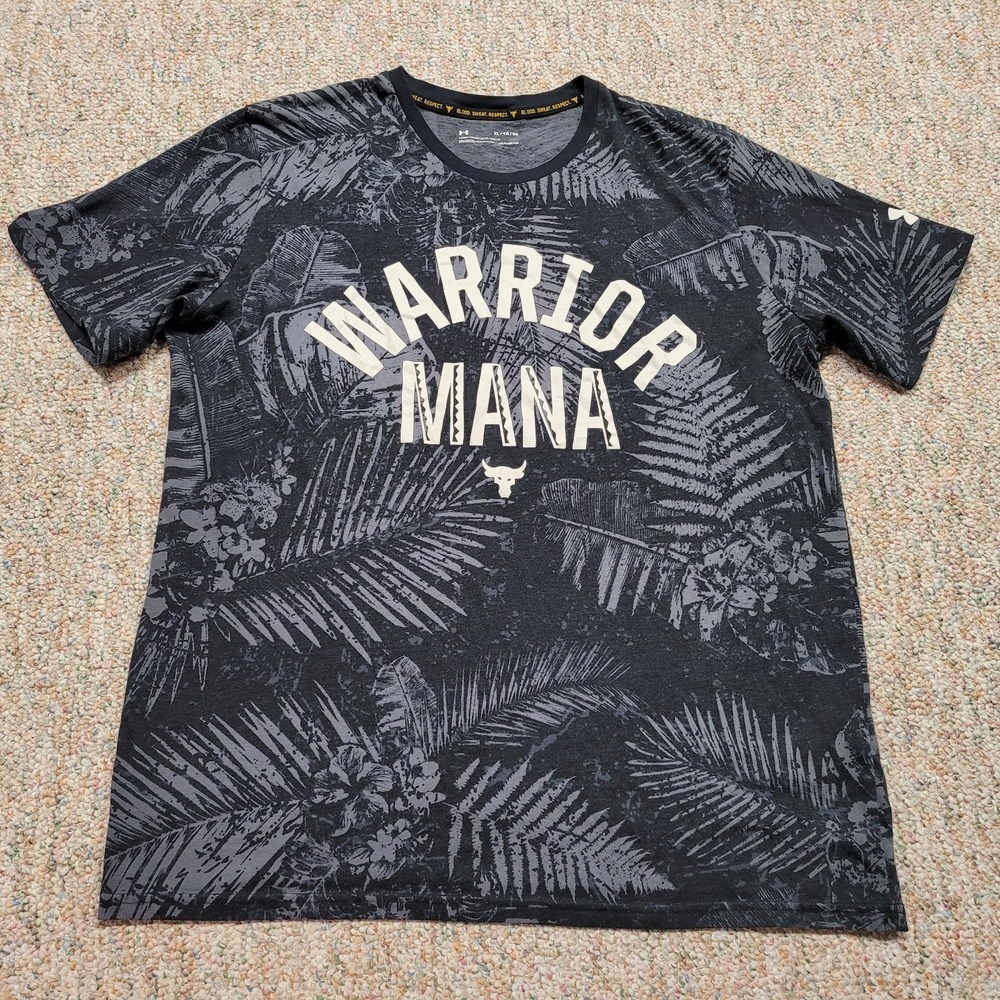 Under Armour Project Rock Shirt Mens XL Grey Tropical Warrior‎ Mana Hawaiian Gym